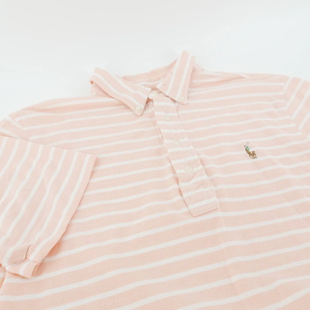 Ralph Lauren Polo Shirt Mens Medium Pink White Striped Knit Oxford Short Sleeve